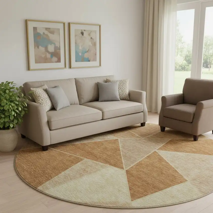 8' Chili Red And Beige Geometric Washable Round Rug With UV Protection Photo 1