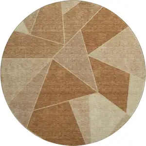 Photo of 8' Chili Red And Beige Geometric Washable Round Rug With UV Protection