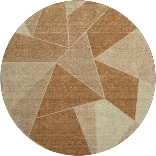 8' Chili Red And Beige Geometric Washable Round Rug With UV Protection Photo 1