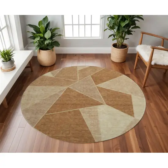 8' Chili Red And Beige Geometric Washable Round Rug With UV Protection Photo 2