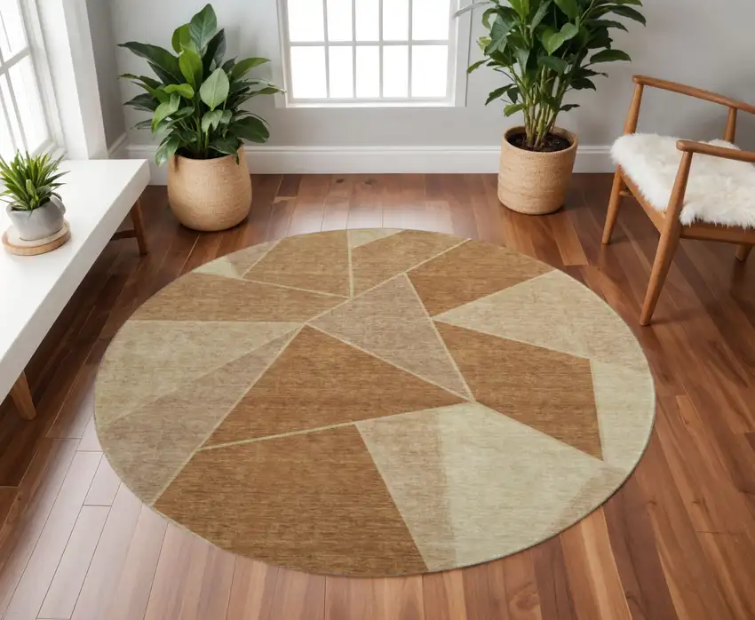 8' Chili Red And Beige Geometric Washable Round Rug With UV Protection Photo 2