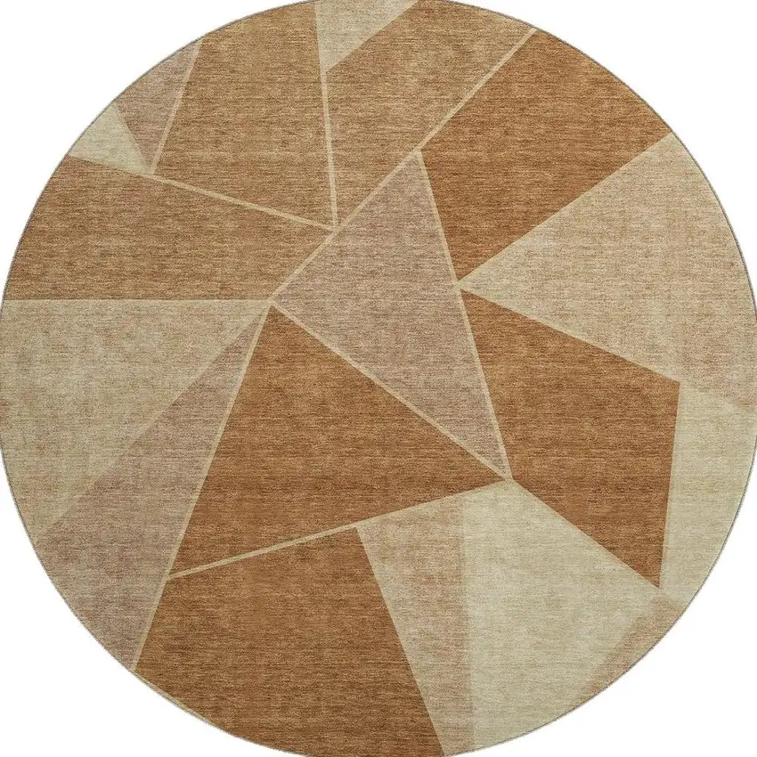 8' Chili Red And Beige Geometric Washable Round Rug With UV Protection Photo 4