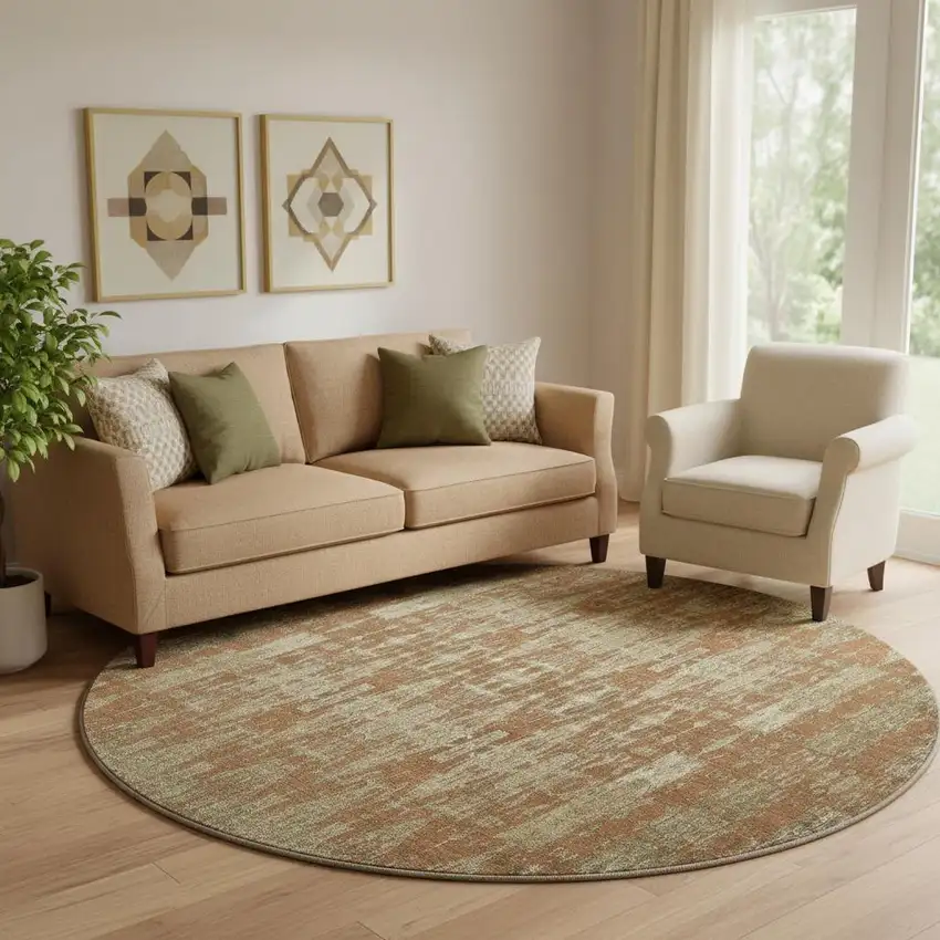 8' Chili Red And Beige Moroccan Washable Round Rug With UV Protection Photo 1