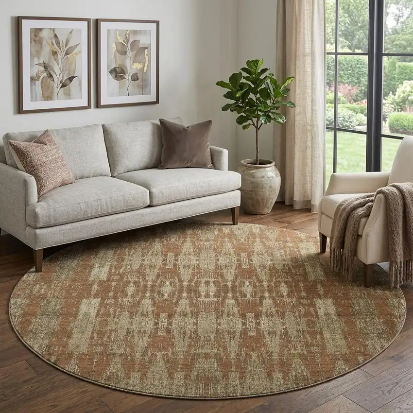 8' Chili Red And Beige Moroccan Washable Round Rug With UV Protection Photo 1