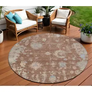 Photo of 8' Chili Red And Beige Round Floral Washable Indoor Outdoor Area Rug