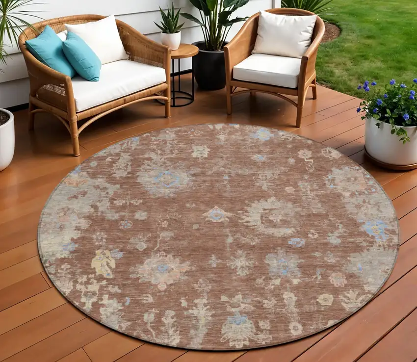 8' Chili Red And Beige Round Floral Washable Indoor Outdoor Area Rug Photo 1