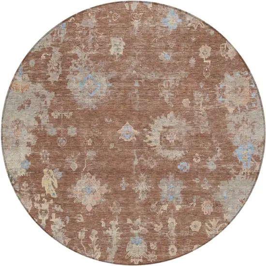 8' Chili Red And Beige Round Floral Washable Indoor Outdoor Area Rug Photo 2