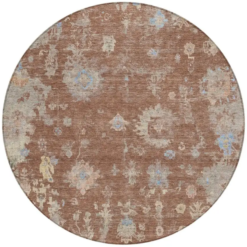 8' Chili Red And Beige Round Floral Washable Indoor Outdoor Area Rug Photo 4