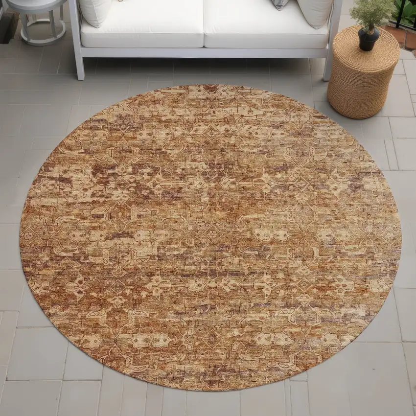 8' Chili Red And Brown Round Ikat Washable Indoor Outdoor Area Rug Photo 8