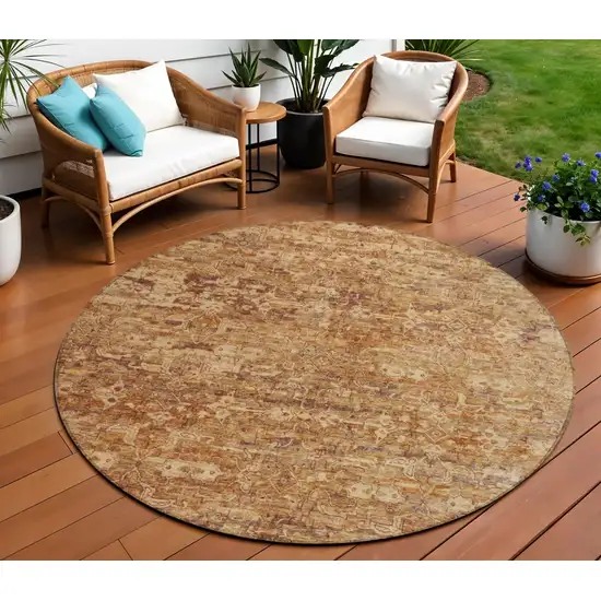 8' Chili Red And Brown Round Ikat Washable Indoor Outdoor Area Rug Photo 1