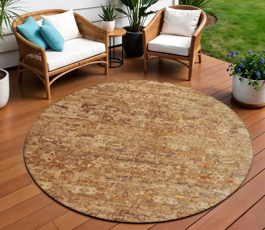 8' Chili Red And Brown Round Ikat Washable Indoor Outdoor Area Rug Photo 1