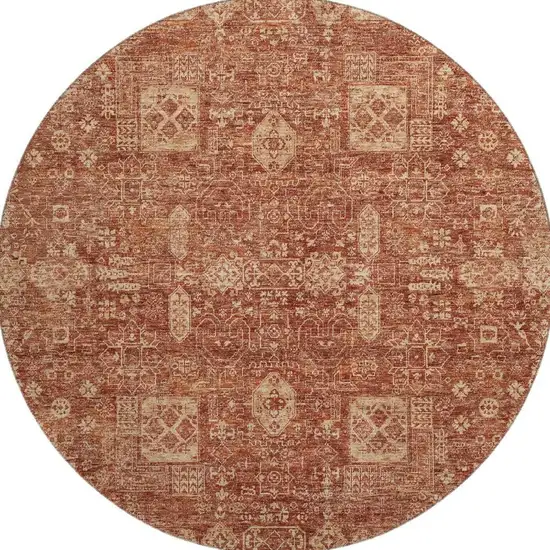 8' Chili Red And Copper Floral Washable Round Rug With UV Protection Photo 4