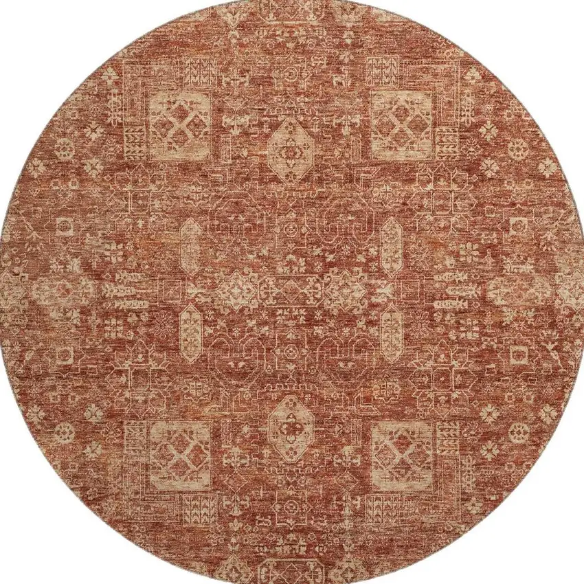 8' Chili Red And Copper Floral Washable Round Rug With UV Protection Photo 4