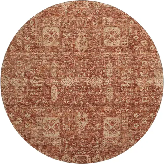 8' Chili Red And Copper Floral Washable Round Rug With UV Protection Photo 1