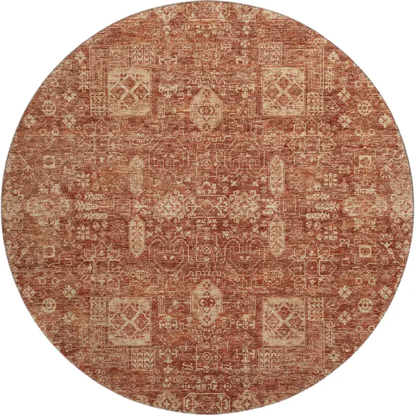 8' Chili Red And Copper Floral Washable Round Rug With UV Protection Photo 1