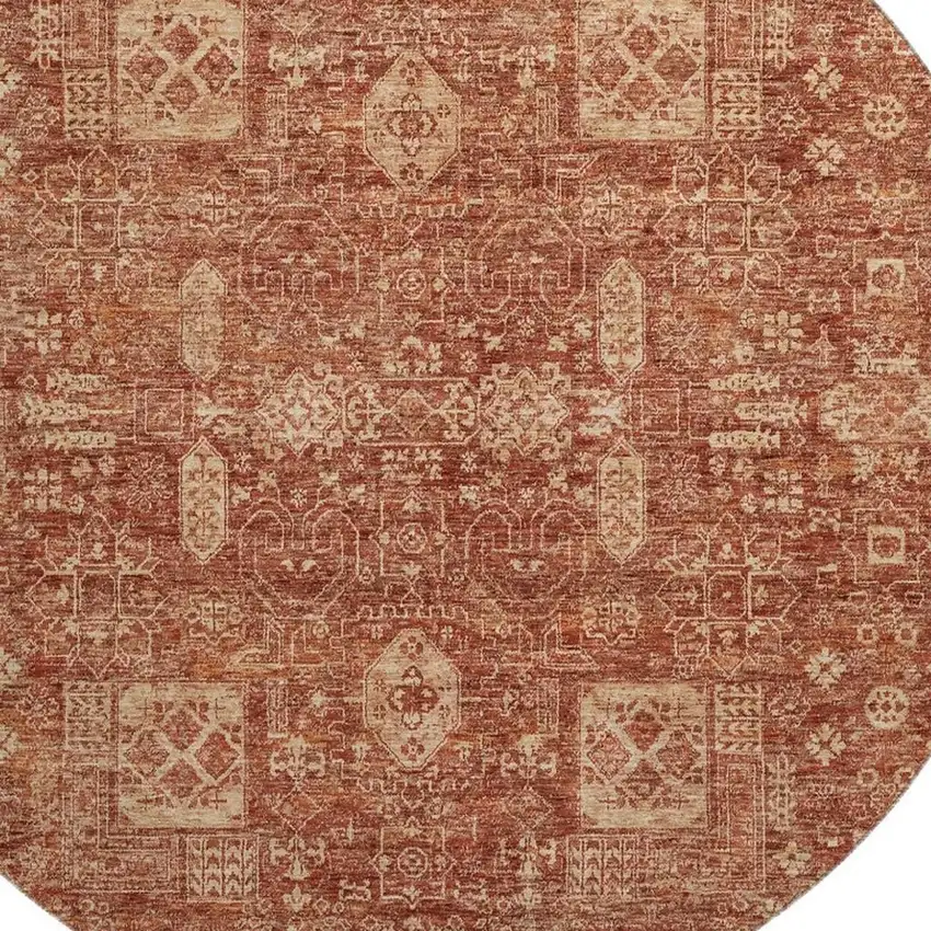 8' Chili Red And Copper Floral Washable Round Rug With UV Protection Photo 3