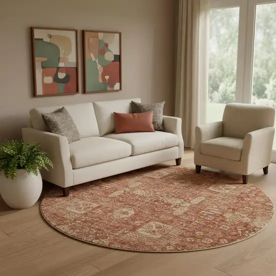 8' Chili Red And Copper Floral Washable Round Rug With UV Protection Photo 1