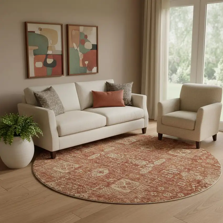 8' Chili Red And Copper Floral Washable Round Rug With UV Protection Photo 1