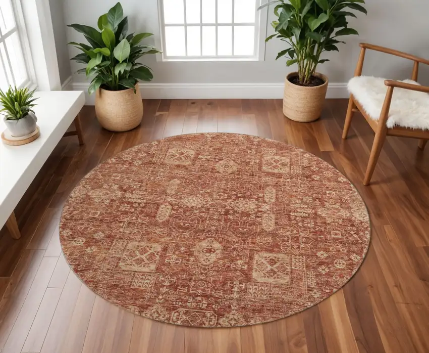 8' Chili Red And Copper Floral Washable Round Rug With UV Protection Photo 2