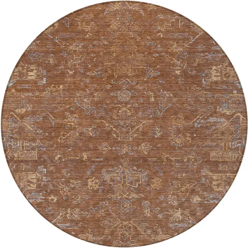 8' Chili Red And Copper Round Medallion Washable Indoor Outdoor Area Rug Photo 4