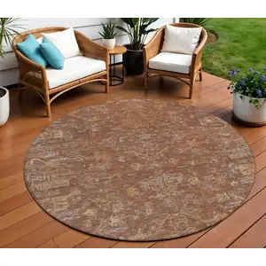 Photo of 8' Chili Red And Copper Round Medallion Washable Indoor Outdoor Area Rug