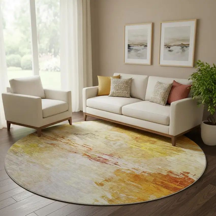 8' Chili Red And Ivory Abstract Washable Round Rug With UV Protection Photo 1