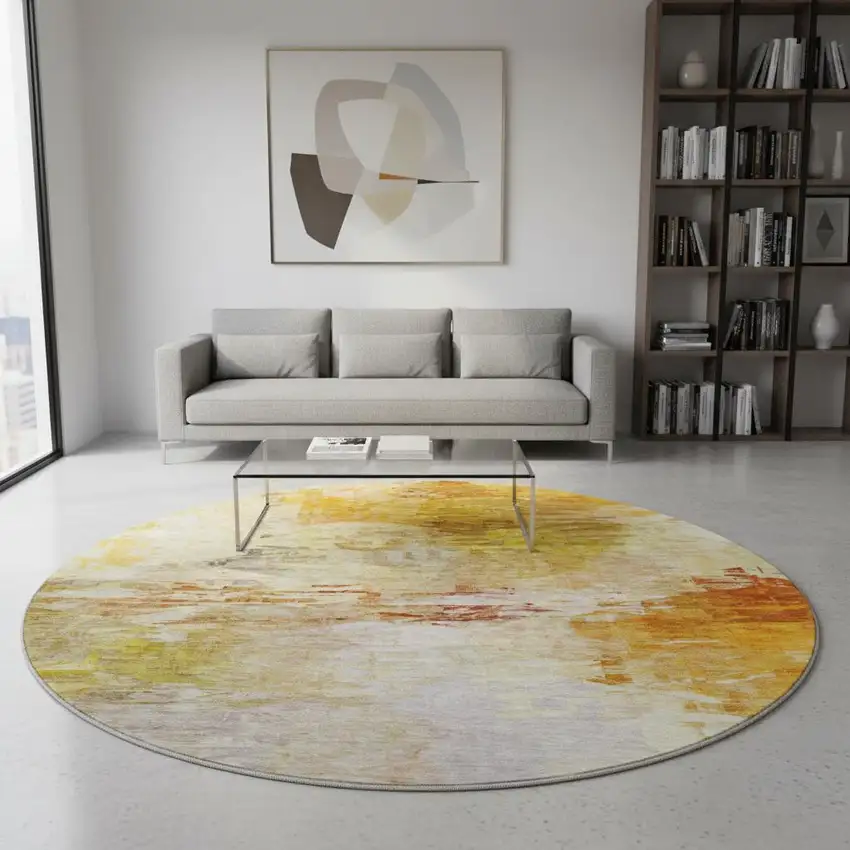 8' Chili Red And Ivory Abstract Washable Round Rug With UV Protection Photo 2