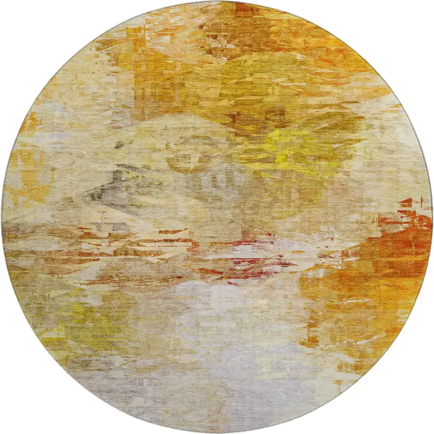 8' Chili Red And Ivory Abstract Washable Round Rug With UV Protection Photo 1