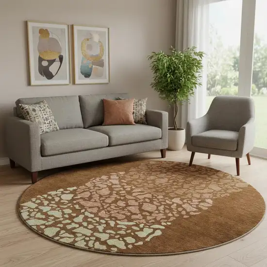 8' Chili Red And Ivory Abstract Washable Round Rug With UV Protection Photo 1