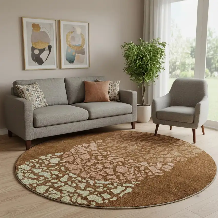 8' Chili Red And Ivory Abstract Washable Round Rug With UV Protection Photo 1