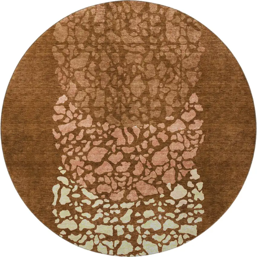 8' Chili Red And Ivory Abstract Washable Round Rug With UV Protection Photo 4