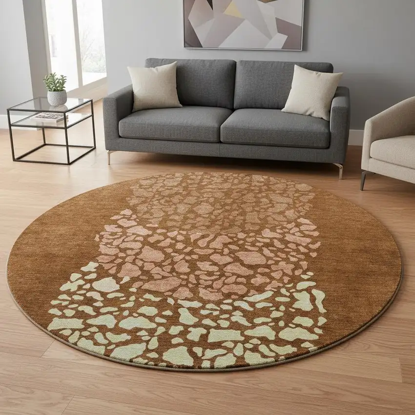 8' Chili Red And Ivory Abstract Washable Round Rug With UV Protection Photo 2