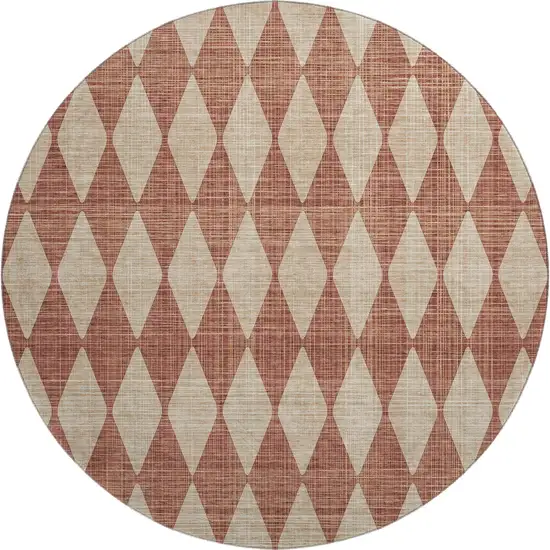 8' Chili Red And Ivory Diamond Washable Round Rug With UV Protection Photo 1