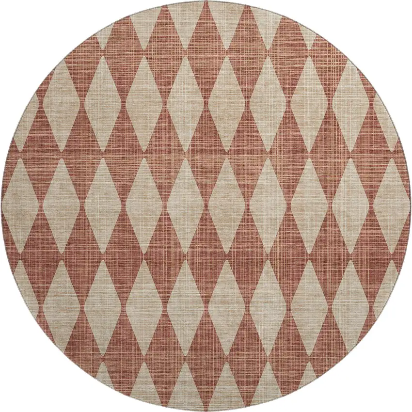 8' Chili Red And Ivory Diamond Washable Round Rug With UV Protection Photo 1