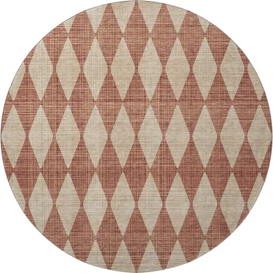 8' Chili Red And Ivory Diamond Washable Round Rug With UV Protection Photo 3