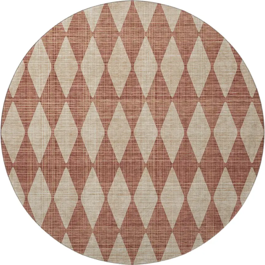 8' Chili Red And Ivory Diamond Washable Round Rug With UV Protection Photo 3
