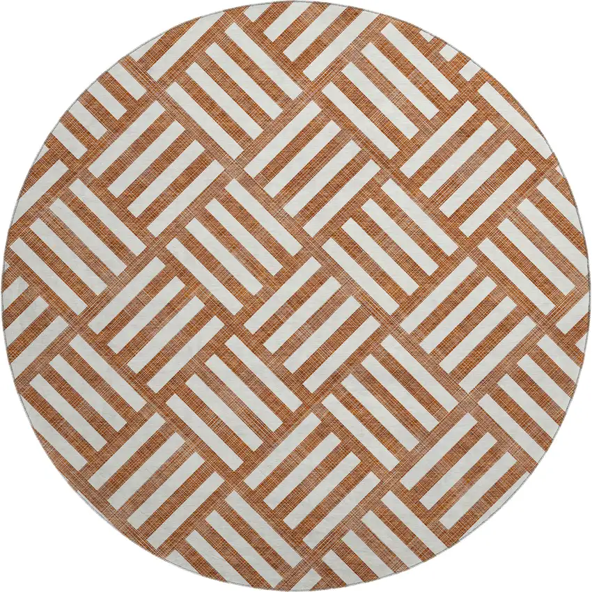 8' Chili Red And Ivory Geometric Washable Round Rug With UV Protection Photo 1