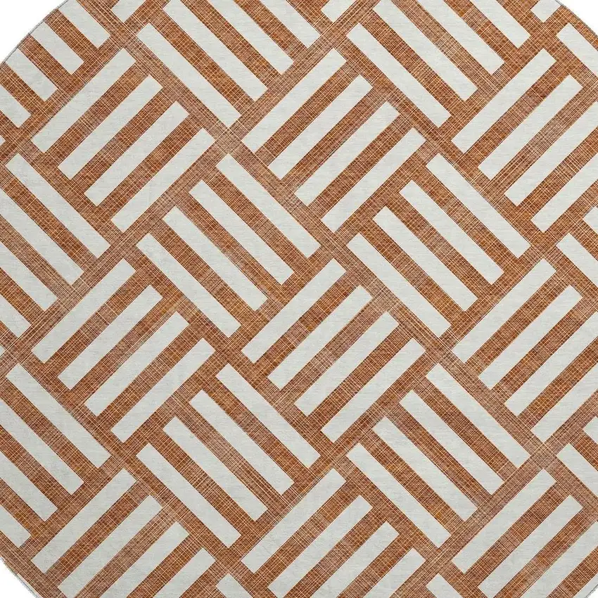 8' Chili Red And Ivory Geometric Washable Round Rug With UV Protection Photo 2