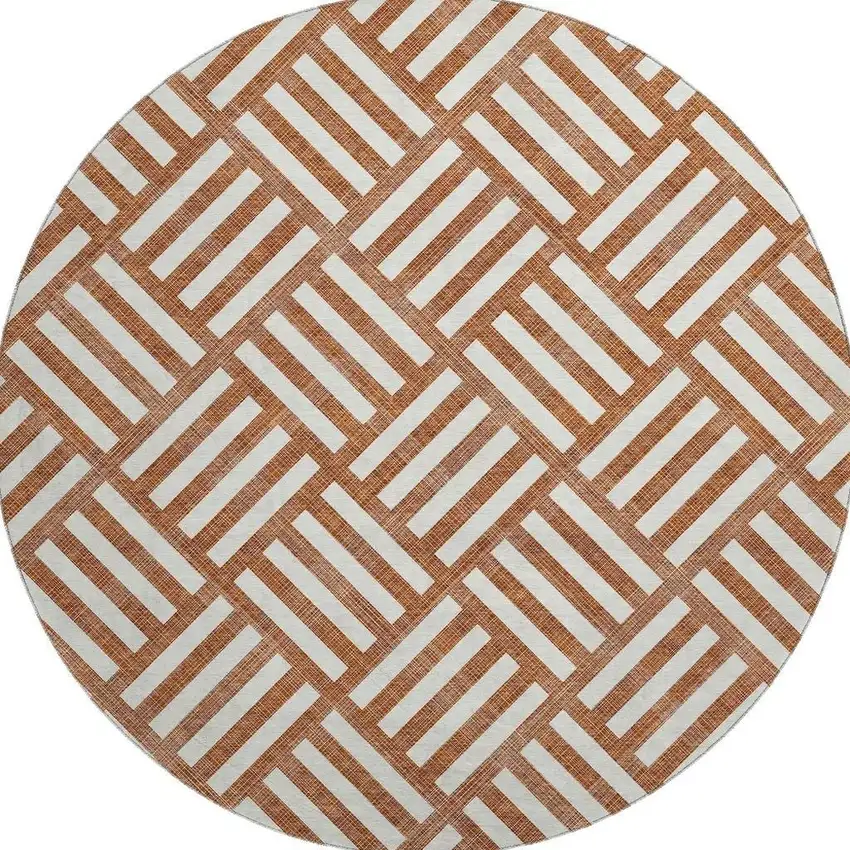 8' Chili Red And Ivory Geometric Washable Round Rug With UV Protection Photo 3