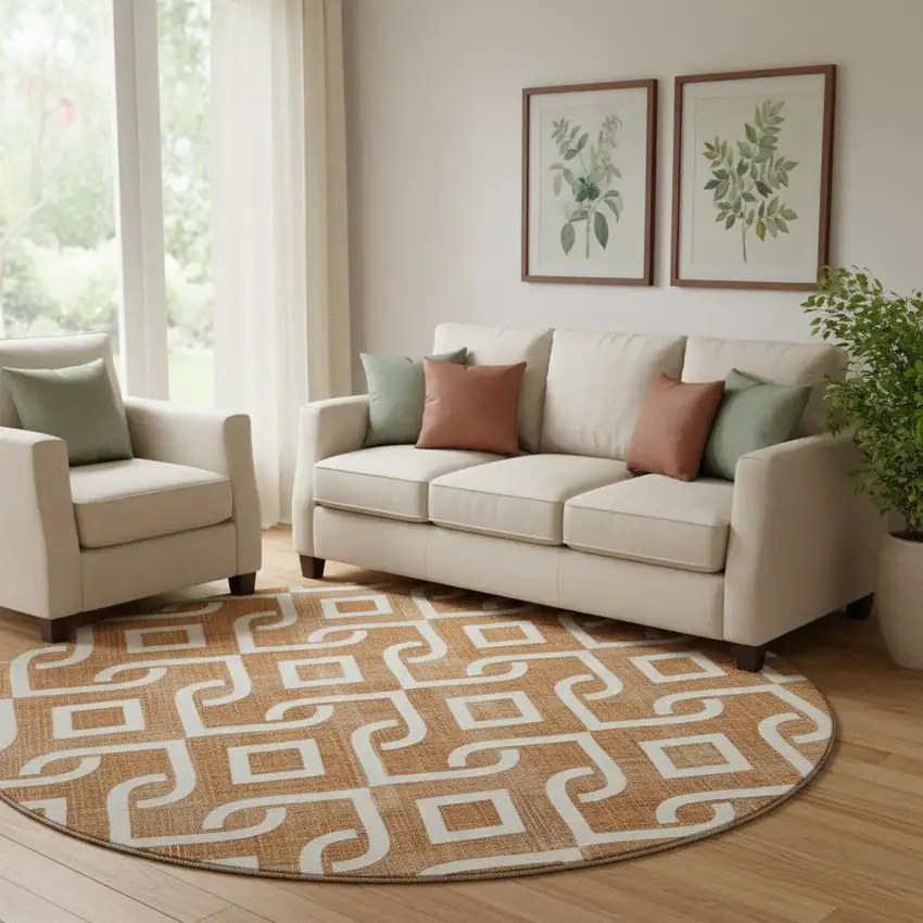 8' Chili Red And Ivory Geometric Washable Round Rug With UV Protection Photo 1