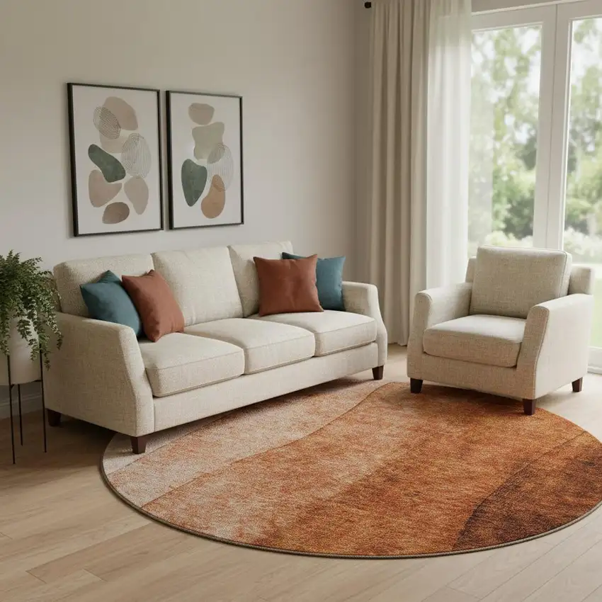 8' Chili Red And Ivory Ombre Washable Round Rug With UV Protection Photo 1