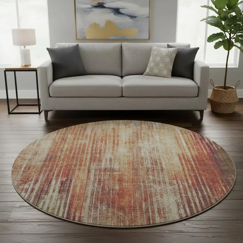 8' Chili Red And Ivory Striped Washable Round Rug With UV Protection Photo 2
