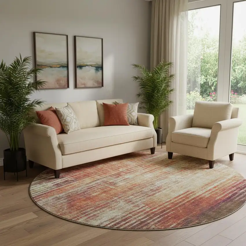 8' Chili Red And Ivory Striped Washable Round Rug With UV Protection Photo 1