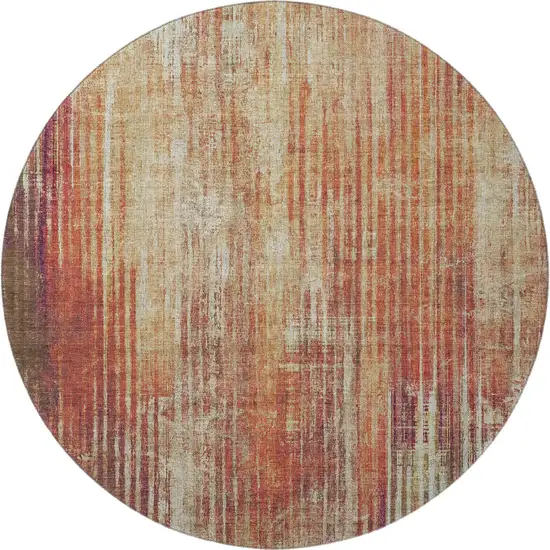 8' Chili Red And Ivory Striped Washable Round Rug With UV Protection Photo 3