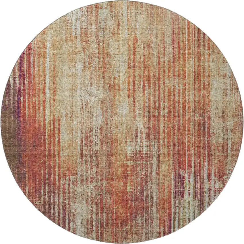 8' Chili Red And Ivory Striped Washable Round Rug With UV Protection Photo 3