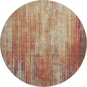 Photo of 8' Chili Red And Ivory Striped Washable Round Rug With UV Protection