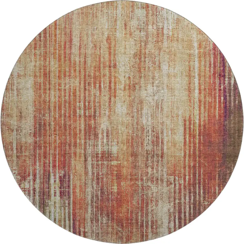8' Chili Red And Ivory Striped Washable Round Rug With UV Protection Photo 1