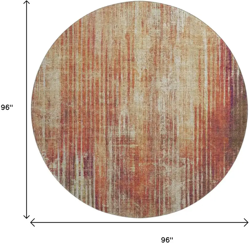 8' Chili Red And Ivory Striped Washable Round Rug With UV Protection Photo 9