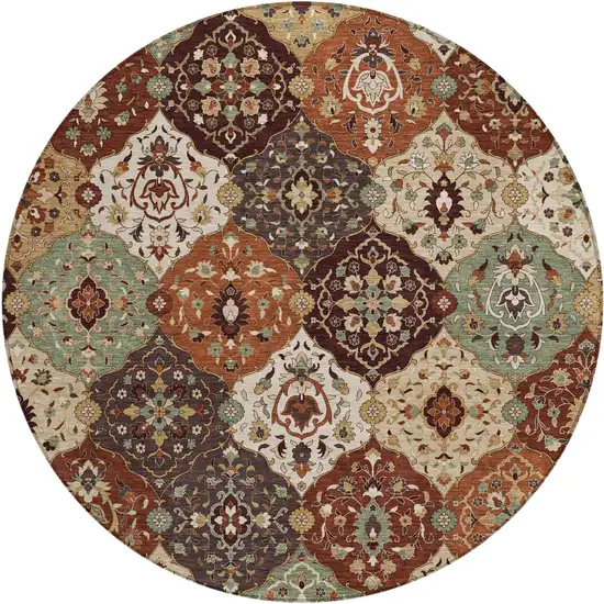 8' Chili Red Beige And Copper Round Floral Medallion Washable Indoor Outdoor Area Rug Photo 2