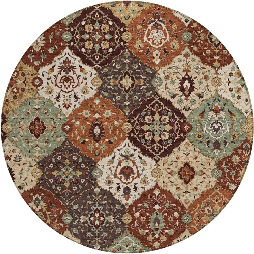 8' Chili Red Beige And Copper Round Floral Medallion Washable Indoor Outdoor Area Rug Photo 2